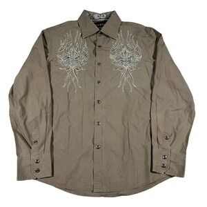 House of Lords Button Down Mens L Taupe Studded Embroidered Gothic Rocker Shirt